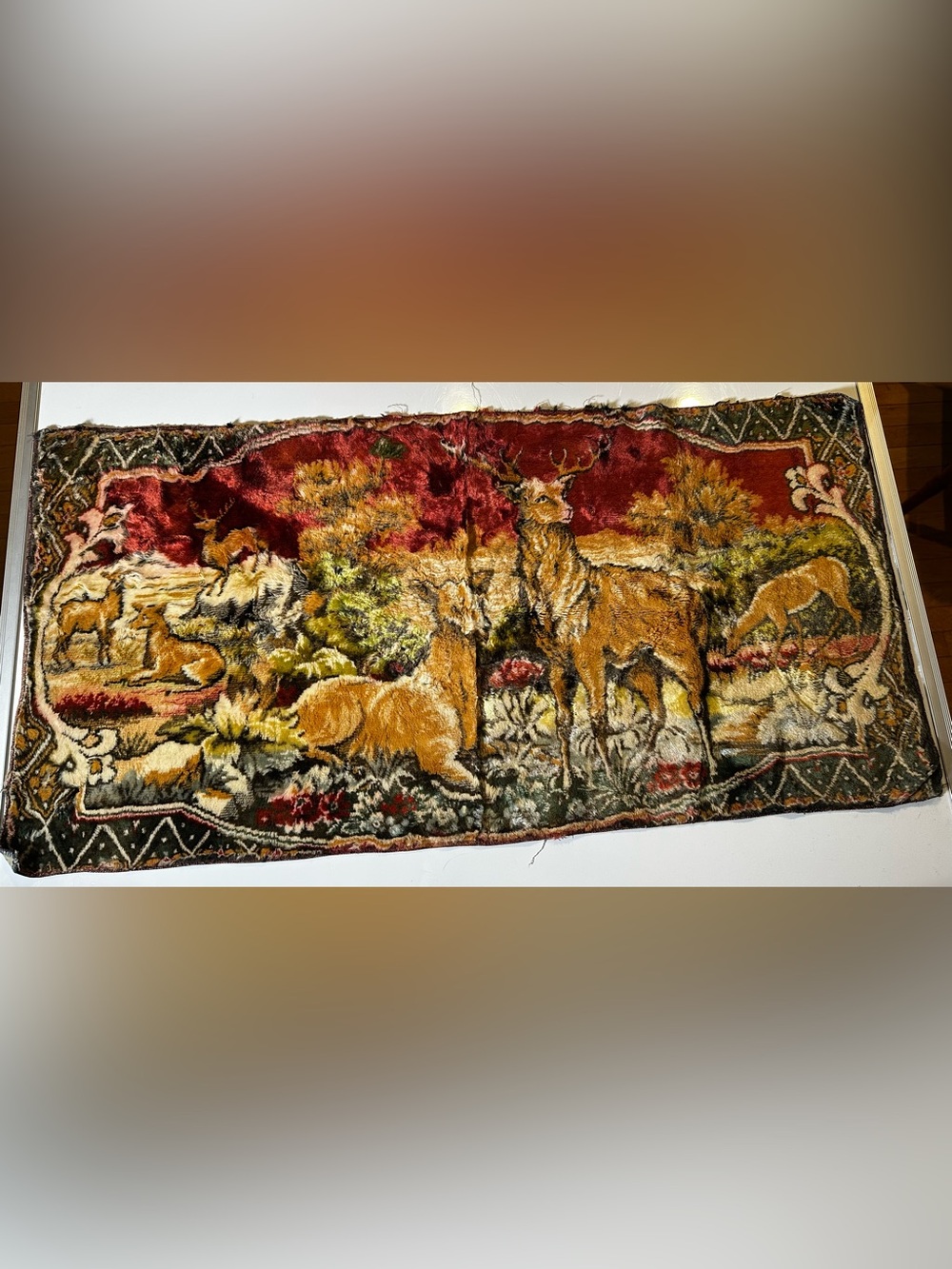 Vtg Deer Family Wall Tapestry Hunting Lodge Decor Hanging Rustic Cabin Woodland